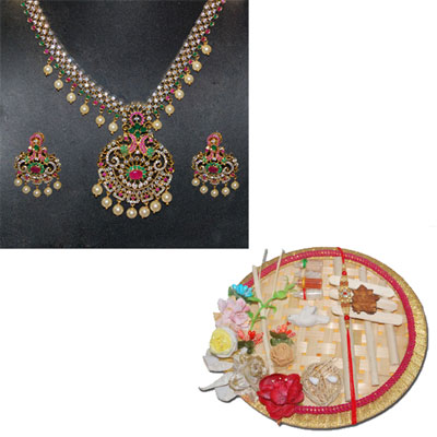 "1grm AMERICAN DIAMOND Set AD Set - MGR -1302, Rakhi Thali - RT-2360 A - Click here to View more details about this Product